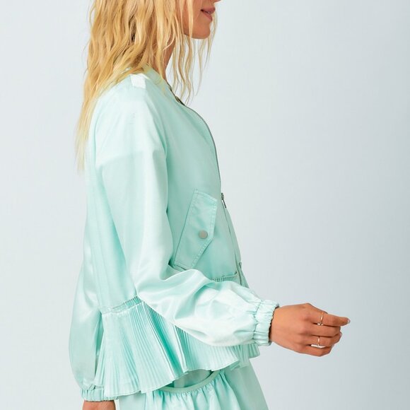 MYSTREE Mint Green Pleated Hem Bomber Jacket, Satin Zip-Up Lightweight Jacket - Picture 5 of 7